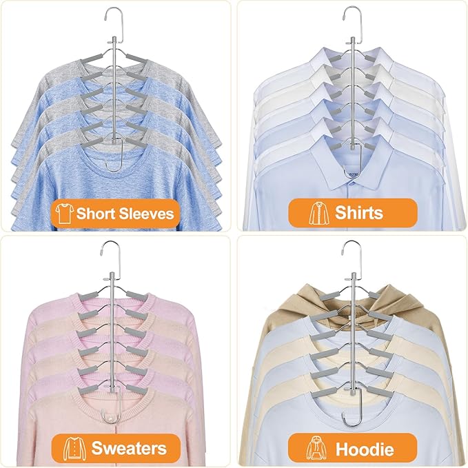 TOPIA HANGER Clothes Hanger Space Saving, 6 Tier Shirt Coat Hangers Space Saving No Bump Shoulder Hangers with No Slip Foam Padded Closet Organizers and Storage for Men and Women 4 Pack CT65G