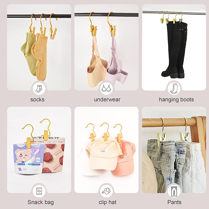20 Pcs Gold Boot Clips for Closet, Gold Boot Hangers with Hooks, Clothes Pins, Single Clip Hangers, Portable Home Travel Hangers for Hats, Socks, Towels, Bras