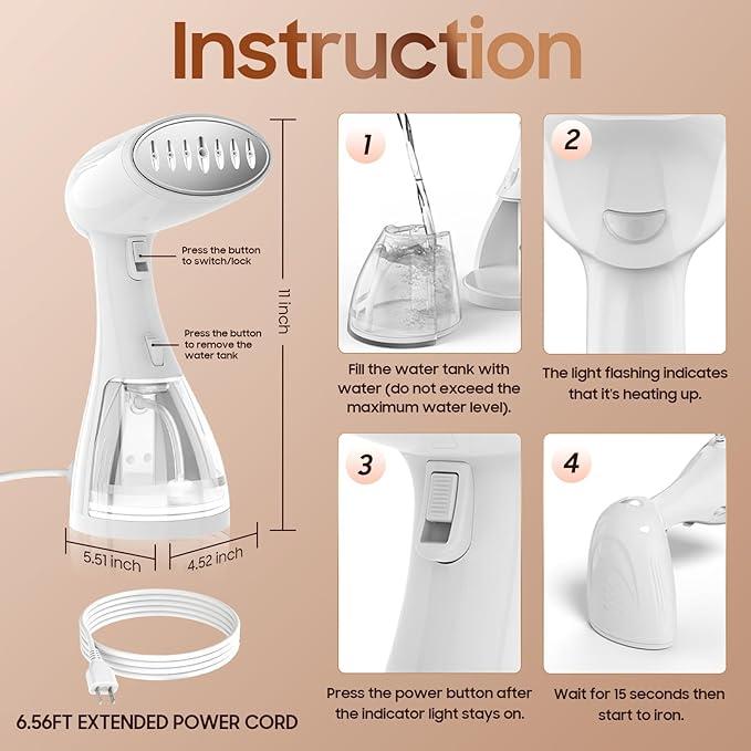Portable Hand Held Steamer for Clothes - 1350W Handheld Clothes Steamer, 15S Rapid Heating, Garment Wrinkle Remover Fastly Make Clothes Soft, Large-Capacity Iron for Hotels/Travel