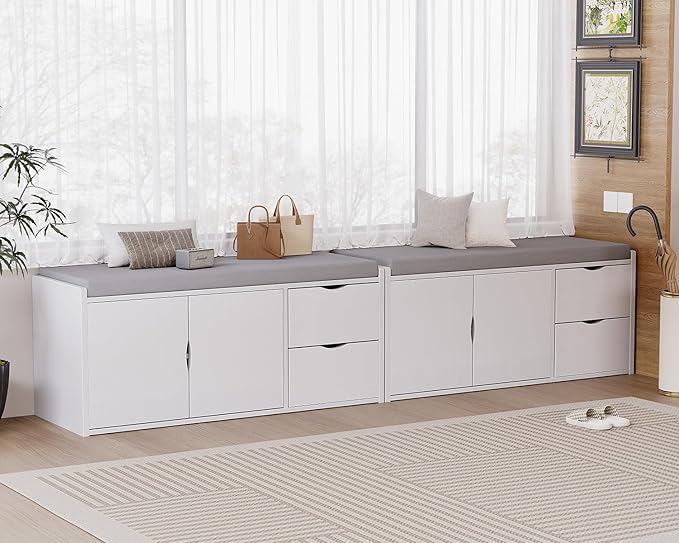 LVB Storage Entryway Bench, Long Shoe Bench with Drawers Storage Shelf, Modern Entry Way Bench with Padded Cushioned Seating, Wood Shoe Rack Benchs for Foyer Entrance Living Bedroom, White Oak, 40in