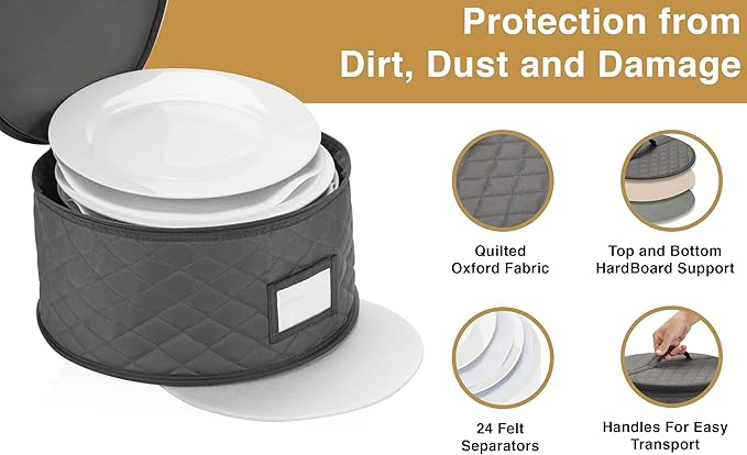 2 Pack China Storage Container for Big Dinner Plate - 14" W x 7" H - Includes 24 Felt Dividers. Stackable with Padded Interior - Great for Big Plates and Charger Plates