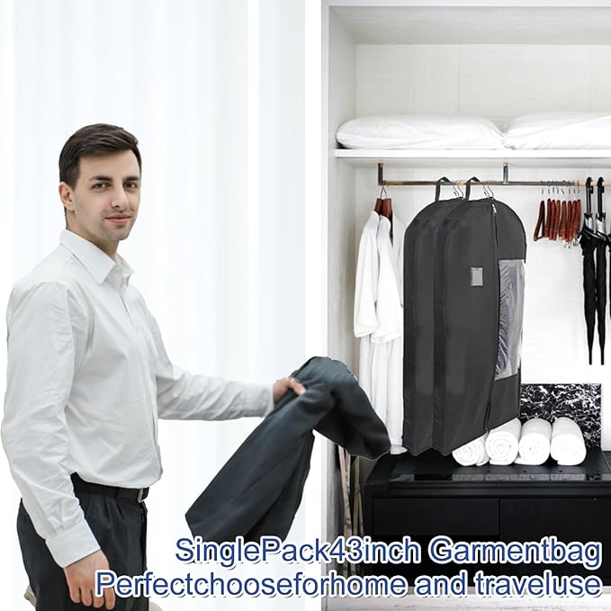 Garment Bags for Hanging Clothes and Travel with 4" Gusseted, Suit Cover for Clothes,Coats,Suit,Jackets,Dress,Shirts,Skirt. (Black-43"-3pcs-Double zipper-Non-woven Fabric)