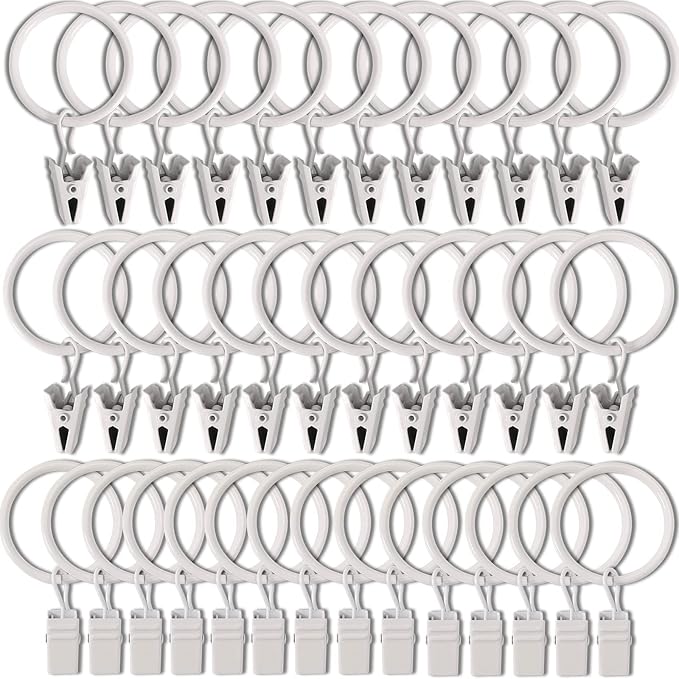 40 Pack White Curtain Rings with Clips, Curtain Hooks Hangers Clip Rings for Hanging Drapes Bows Hat, Drapery Rings 1.26 in I D, Fits up to 1 in Diameter Curtain Rod.