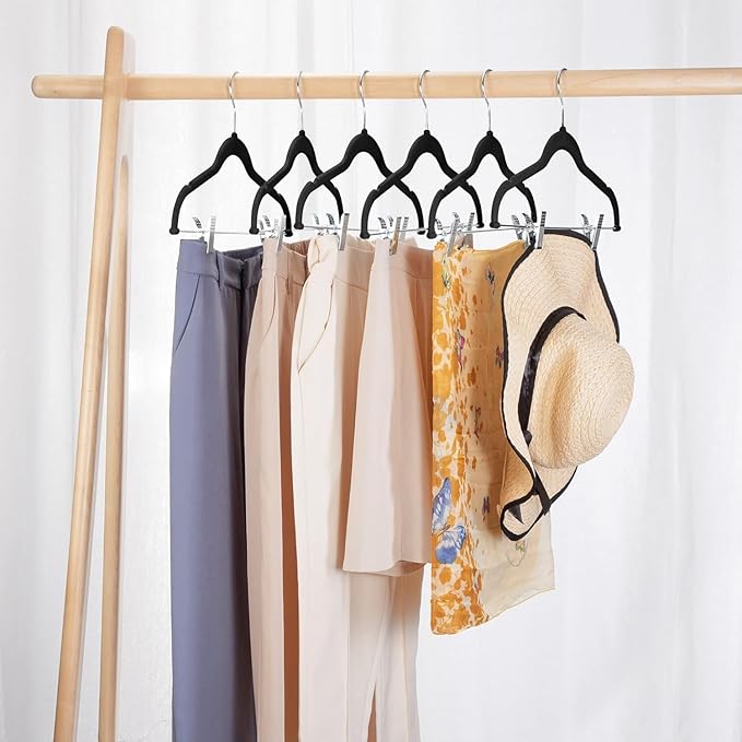 VECELO 20 Pack Black Velvet Clothes Hangers with Adjustable Clips,Heavy-Duty Non Slip & Space-Saving with 1 Magic Hangers and 2 Tie Rack for Suit Coat Pants Skirt Dresses