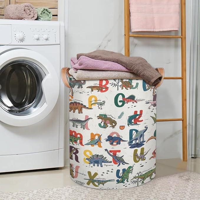 Alphabet Dinosaur Large Laundry Basket - Cartoon Animal Kids Laundry Hamper with Handles - Collapsible Dirty Clothes Organizer Boys Toy Storage Bin Nursery Hamper for Bedroom Bathroom Decor