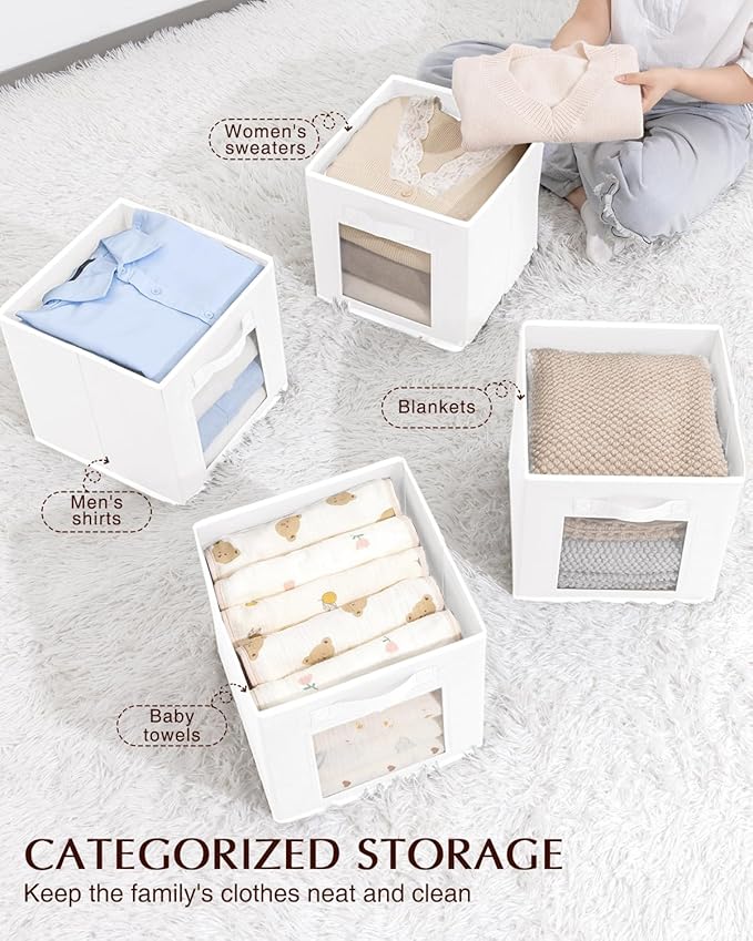Storage Cube 11 Inch - Cube Storage Bins with Window, Closet Storage Baskets with Handle, Fabric Bins for Closet, Shelves, Toys, Clothes, Set of 16, White