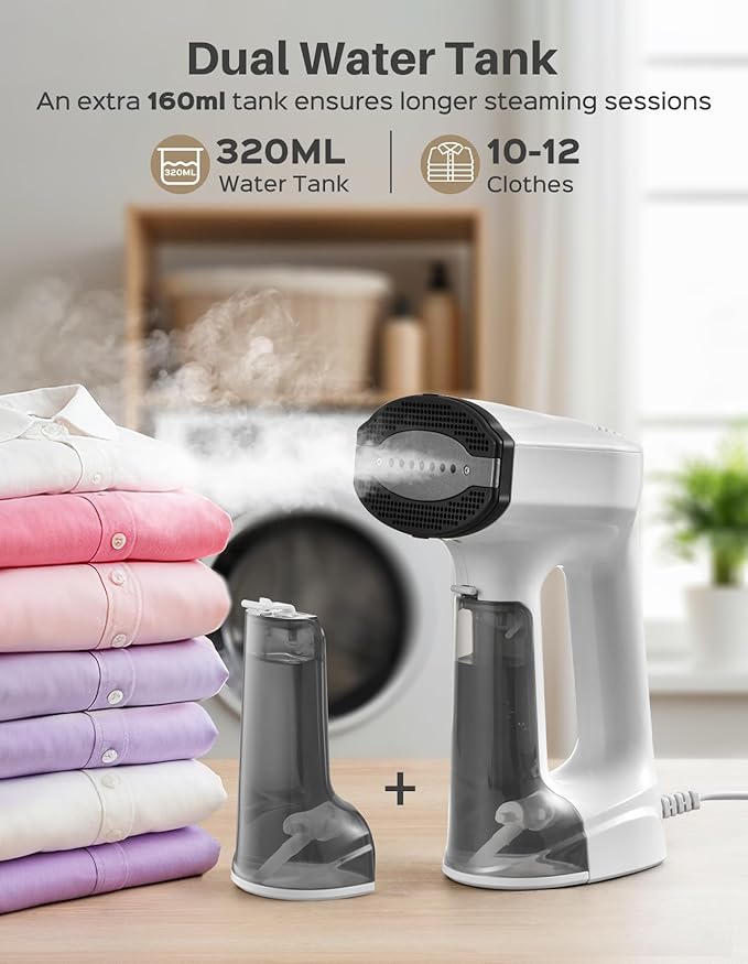 Sweepulire Vacuum Steamer for Clothes, 3500Pa Suction Handheld Steamer, 3 Modes LED Display, 2-in-1 Steaming & Ironing, with Extra 160ml Water Tank, Total 320ml (110-120V)