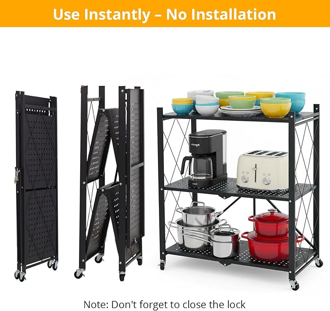 3 Tier Foldable Storage Shelf with Wheels, Heavy Duty Collapsible Metal Shelf Rack Folding Bookshelf, No Assembly Rolling Cart for Kitchen, Pantry, Closet, Office, Bathroom, Garage Organizer, Black