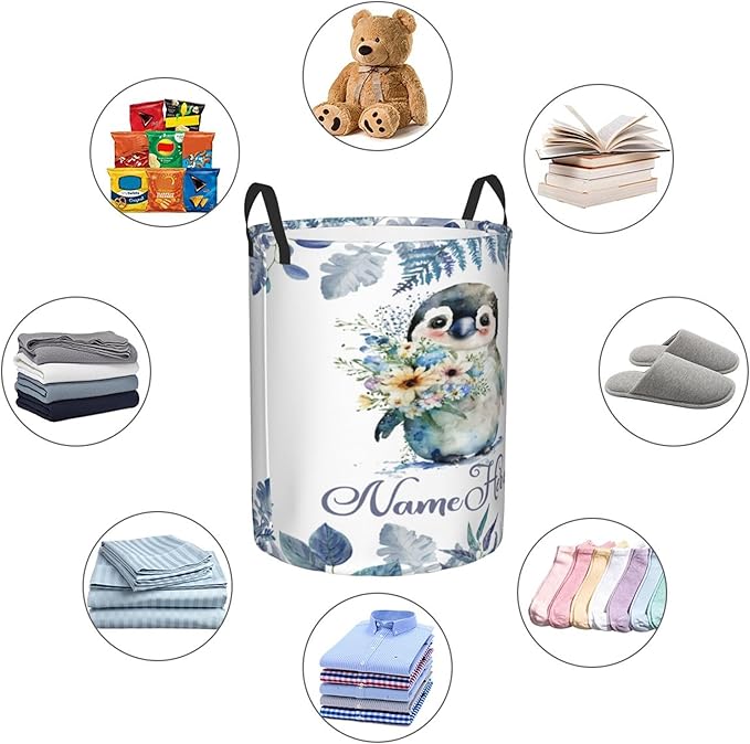 Personalized Penguins Laundry Basket For Baby Kids Boys Girls Adult Custom Hamper Basket With Name For Bathroom Bedrooms Collapsible Baby Laundry Basket, Dirty Clothes Hamper With Handles