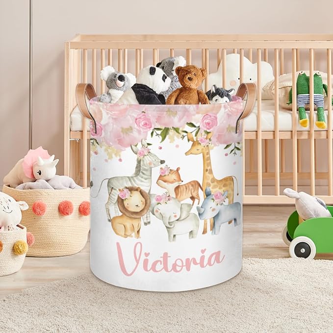 Personalized Laundry Basket, Custom Gift Laundry Hamper, Collapsible Nursery Waterproof Laundry Baskets, Dirty Clothes Toy Hamper with Handles Girl Safari Animals