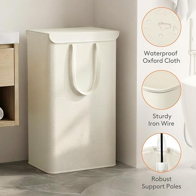 Lifewit Thin Laundry Basket with Lid, Slim Laundry Hamper, Dirty Clothes Hamper with Handles for Laundry Room Bedroom Closet, 104.5L White, 16.5"L x 12.6"W x 29.5"H
