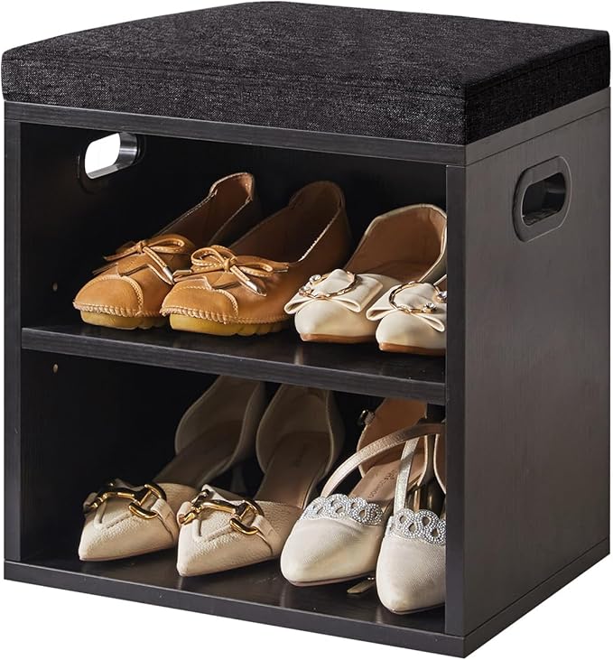 YMYNY Shoe Storage Bench with Cushion, 2 Tier Shoe Rack with Padded Seat, Adjustable Shoe Organizer Cabinet for Entryway, Living Room, Hallway, Closet, Bedroom, 15.4L*11W*16.54H, Black, UHBD028B