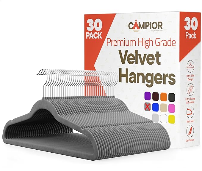Gray Velvet Hangers 30 Pack – 360° Swivel Hook, Non-Slip and Space Saving Hangers, Heavy-Duty 11 lbs Weight Capacity - Smooth Velvet Finish for Crease-Free Clothes and Effortless Closet Organization