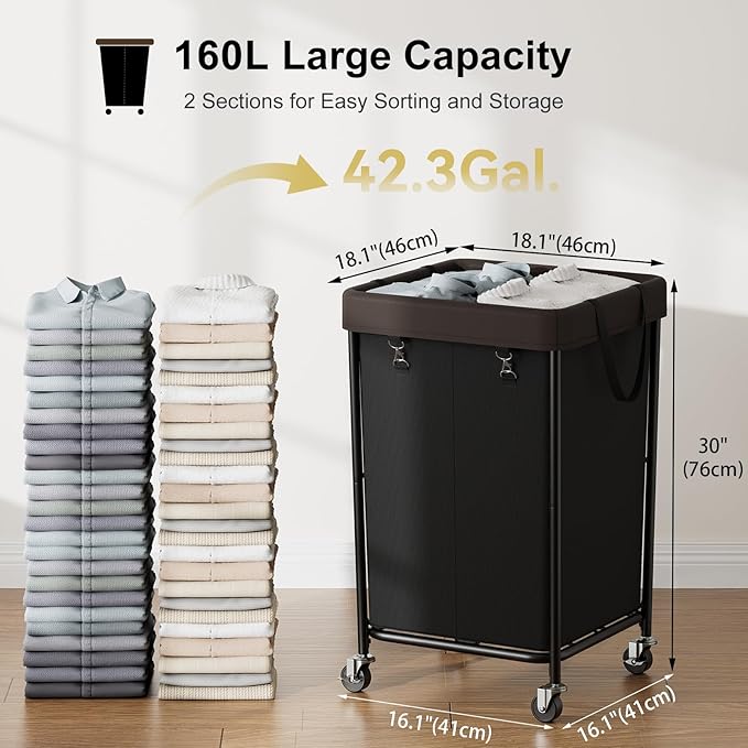 Chrislley 160L Laundry Hamper with Wheels, 2 Section Large Laundry Basket with Removable Bag, Steel Frame Dirty Clothes Hamper, Rolling Laundry Cart for Bedroom, Bathroom, Dorm, Hotel, Black