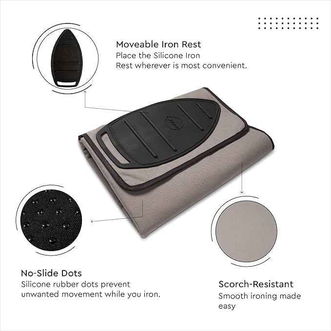 Encasa XO Ironing Mat/Pad (Small 28"x20") with 3mm Padding, Anti-Skid Design & Silicone Iron Rest for Steam Pressing on Tabletop or Bed - Heat Resistant, Portable, Quilting & Travel Blanket - Beige