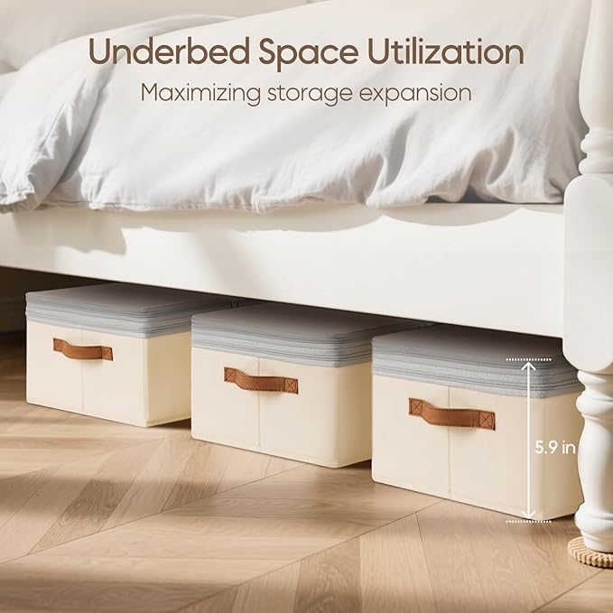 Large Closet Storage Bins - Compression Organizer Bins, Stackable Closet Organizer, Expandable Under Bed Storage Containers for Clothes, Towels, Sheet, 4 Pack, Beige