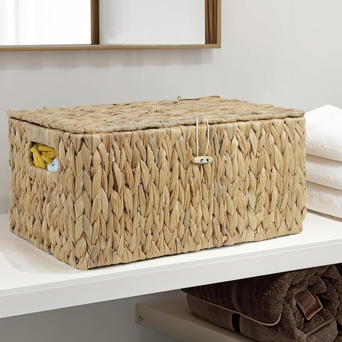 Large Wicker Basket with Lid, Rectangular Water Hyacinth Storage Baskets for Organizing, Woven Basket for Storage, Decorative Boxes Bins with Lids Home Organizer Decor