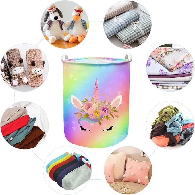 Unicorn Laundry Basket Hamper Large Sized Round Storage Basket Waterproof Bin Collapsible Laundry Basket for Room Organizer, Bedroom Nursery Playroom Clothes (62.8L)