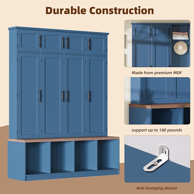 75" H Farmhouse Hall Tree with Storage, Versatile 4-in-1 Coat Hanger with 4 Hidden Hanging Hooks, 8 Doors, Entryway Shoe Cabinet with Open Compartments for Living Room