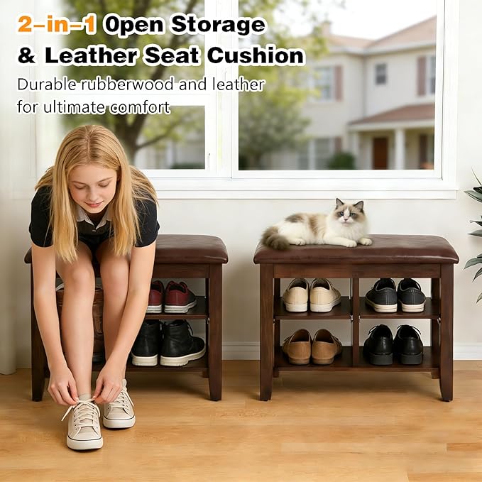 PY HOME & SPORTS Shoe Rack for Entryway 23.6": 2-Tier Shoe Storage Bench, Adjustable/Removable Shelves, Rubberwood Shoe Benches for Hallway, Porch, Bathroom, Brown