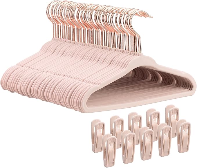 Baby Velvet Hangers 50 Pack - 11 Inch Non Slip Felt Kids Hanger for Infant Clothes - Ultra Thin Baby Felt Hangers for Toddler Kids' Closet with 10 Hanger Clips - Pink
