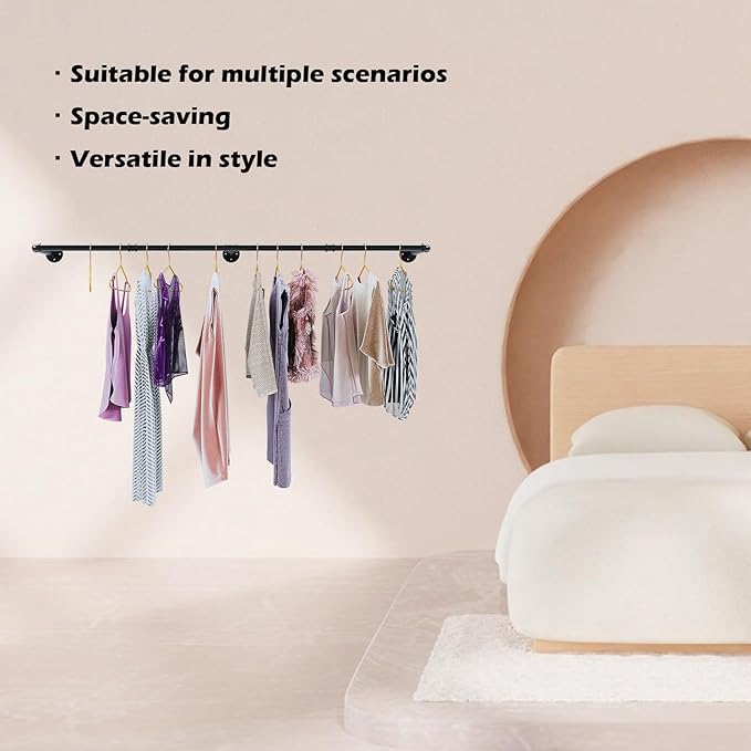 Industrial Pipe Clothes Rack Set of 2, Heavy Duty Detachable Iron Garment Rack Wall Mounted, Rustic Saving Space Clothes Bar Multi-Purpose Hanging Rod for Bedroom, Closet, Black (72.5 Inch)