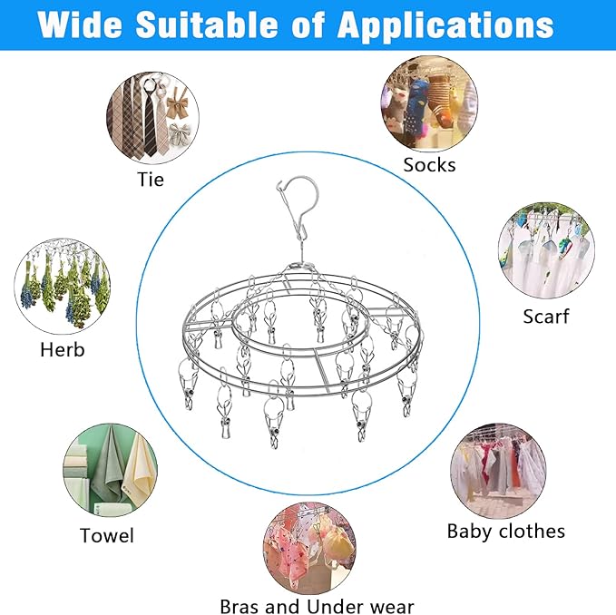 Stainless Steel Sock Drying Rack with 20 Clips, Stainless Steel Space-Saving Dryer Rack Washline with Peg for Sock,Towels,Bras,Underwear Etc Small Laundry Items (Stainless Steel-Round)