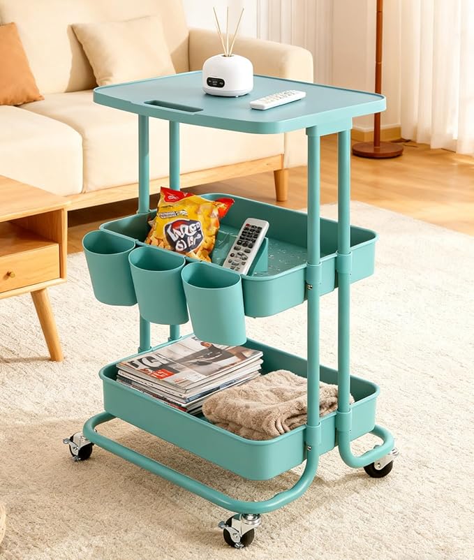 3 Tier Rolling Cart with Table Top Small Storage Utility Cart on Wheels School Offices Supplies Mobile Cart with 3 Organizer Cups, Metal Frame w/Plasitc Trays(Teal)