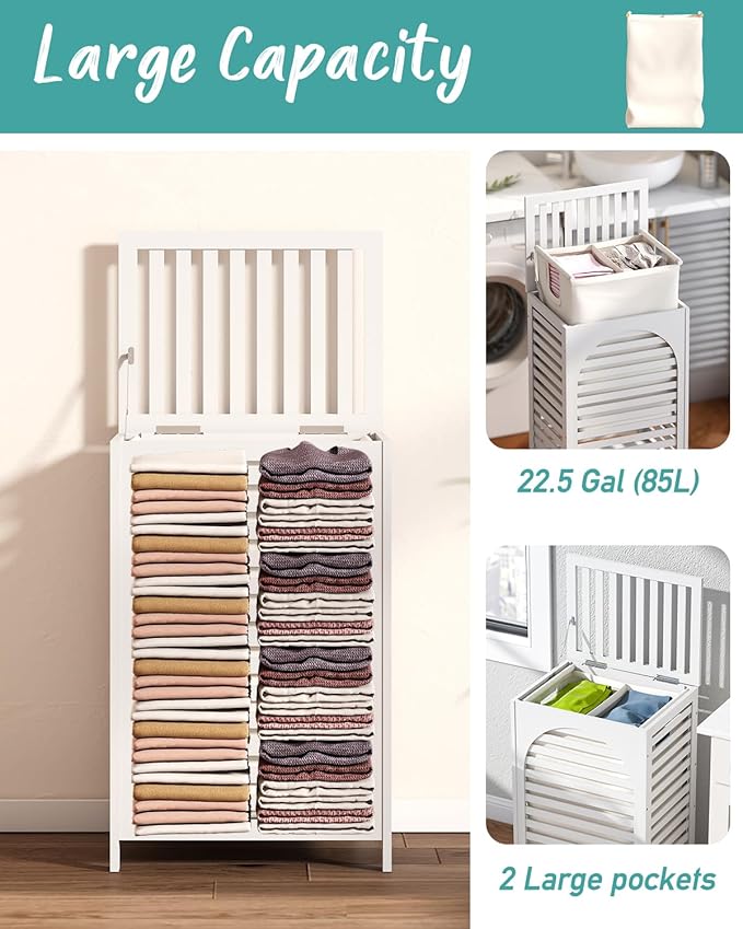 White Laundry Hamper, 22.5 Gallon (85L) Bamboo Wood Clothes Laundry Basket with Lid and Handles, Removable Liner