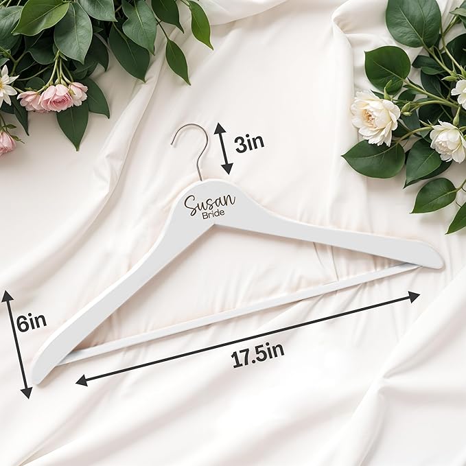 Personalized Bride and Groom Hangers With Custom Name and Date - Engraved Wood Bridal Party Hangers, Bridesmaid Gifts, Wedding Dress Hanger - White - 2 Pack
