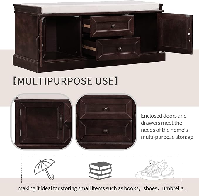 Knocbel 42.5" Entry Storage Bench with Removable Cushion, 2 Drawers and 2 Cabinets, Entryway Hallway Foyer Shoe Bench End of Bed Bench with Aluminum Handles, 200lbs Weight Capacity (Espresso)