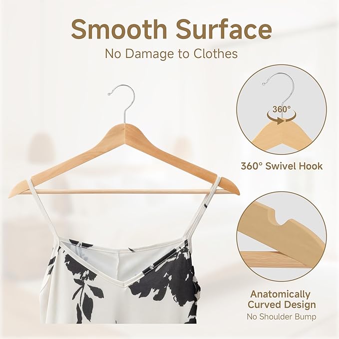 StorageWorks Clothes Hangers, Wooden Hangers 20 Pack for Closet, Wood Hangers for Coats, Shirts, Jackets, Pants, Suits, Natural Wood Color