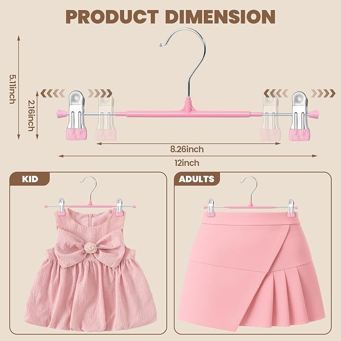 HUADYMEET 30 Pack 12Inch Pants Hangers with Clips,Metal Trouser Hanger for Jeans.Space Saving Skirt Hangers Heavy Duty Non-Slip Adjustable Clothes Shorts Hanger for Women,Men,Pink