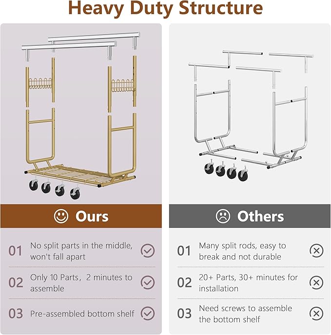 Hoctieon 2-Minute Assembly Double Rod Clothes Rack, Heavy Duty Rolling Clothing Racks with Wheels, Foldable Commercial Garment Rack, Extendable Hanging Bar, Adjustable Metal Pole with Hooks, Gold