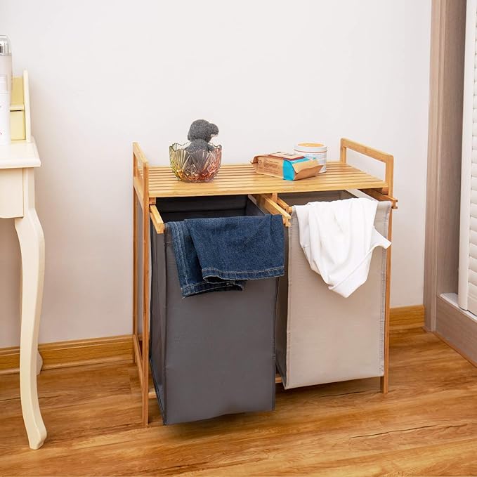 Bamboo Laundry Hamper and Shelf, 2 Sections Basket with Removable Liner, Dual Compartments Organizer and Storage, Wooden Sorter with Sliding Handles