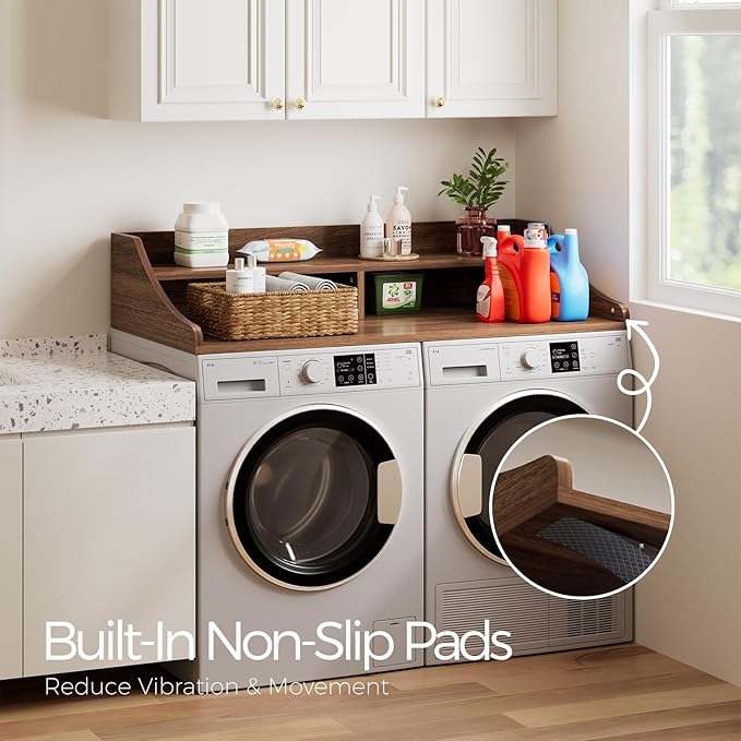 2-Tier Washer Dryer Topper, 54" x 27.6" Washer Dryer Countertop with Non-Slip Mat, Laundry Room Organizer with Storage Shelf for Folding & Sorting Clothes, Walnut