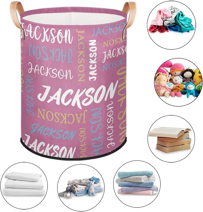 Custom Name Large Laundry-Basket for Kids-Boys-Girls, Personalized Foldable Waterproof Laundry Hamper Dirty Clothes Toys Storage Bin with Handles,Purple Pink