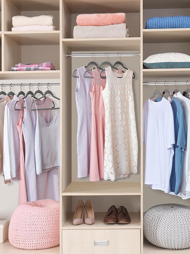 Smartor Grey Velvet Hangers 50 Pack, Non Slip Clothes Felt Hanger Heavy Duty for Coat, 360° Rotating Rose Glod Hook, Premium Slim Space Saving Hangers for Closet Organizer and Storage