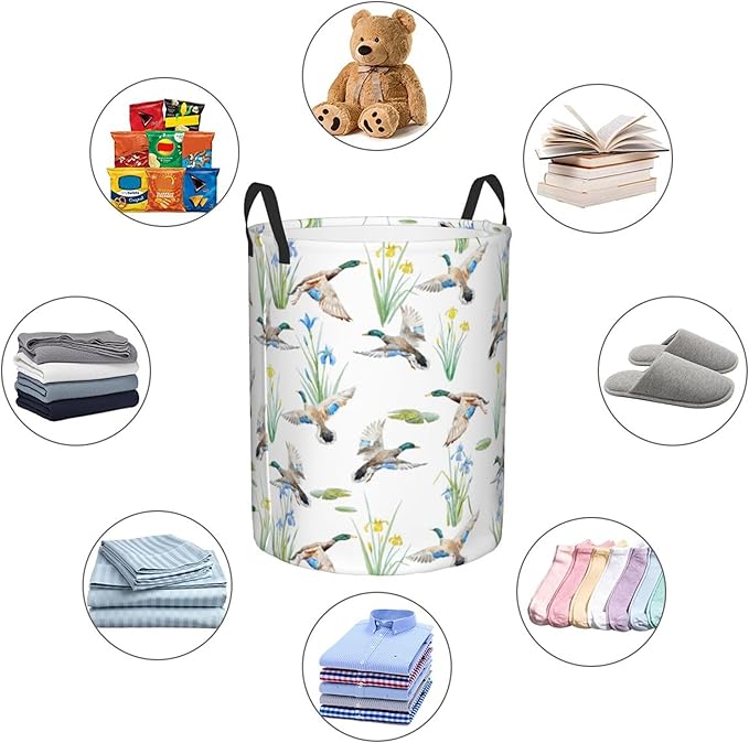 Laundry Basket Watercolor Mallard Duck Room Decor,Round Laundry Hamper Waterproof Dirty Clothes Hamper Collapsible Laundry Baskets With Handles,Toy/Clothes Storage Basket For Home Dorm Bathroom Decor