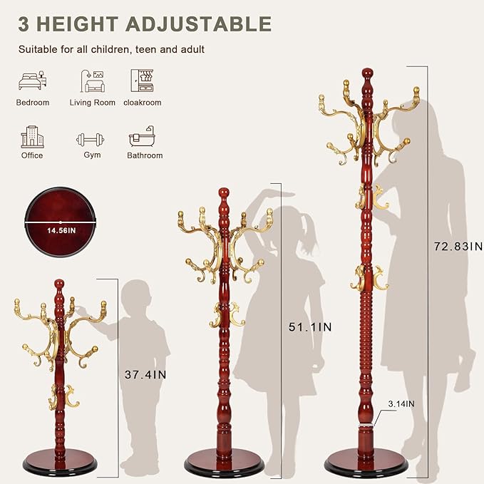 Wooden coat rack stand, Heavy duty coat racks tree freestanding with 14 Hooks and Sturdy Round Base, Coat tree for jacket,Hats, Bags, Purses, clothes (Round base-Begonia wood)