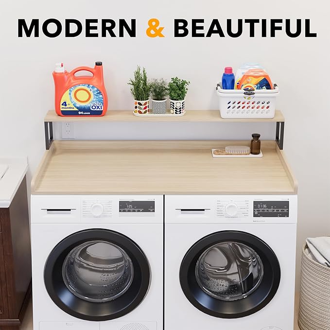 SpaceAid 2-Tier Washer Dryer Countertop, Laundry Topper with Rack Shelf 54" Width x 27.5" Depth x 10" Height Organizer Cover for Washer and Dryer Laundry Hamper Counter Storage (Oak)