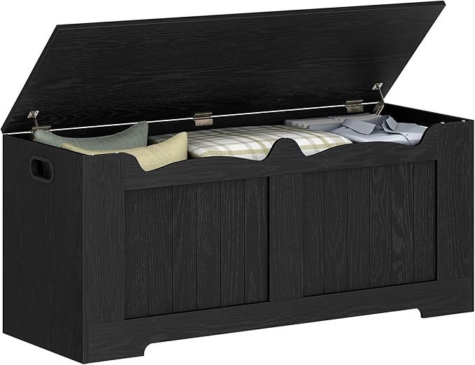 43.3" Storage Chest, Extra Large Storage Bench Trunk with 2 Hinges, Wooden Box, Lift-Top Chest Organizer, Shoe Bench for Entryway, Bedroom, Living Room, Black SB25504X