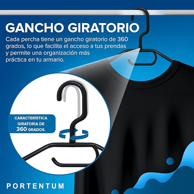 Pack of 10 Plastic Hangers for All Types of Clothes – 100% Recycled Plastic - 360º Swivel Hook - Space Saving - Accessory Holder - Hooks for Dresses and Blouses - Black - Made in Spain