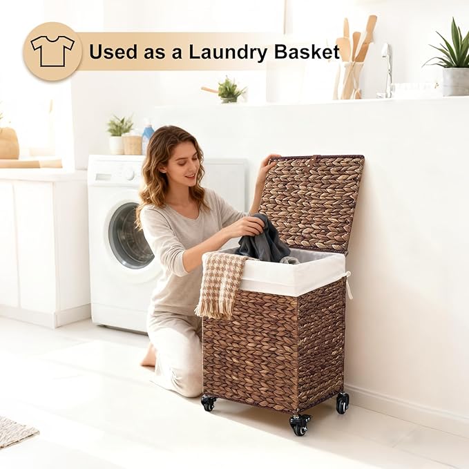 Handwoven Laundry Hamper with Wheels, Natural Water Hyacinth Rolling Laundry Basket with Lid and Removable Liner, Durable and Stylish for Bedroom, Bathroom, Laundry Room (Espresso, 65L)