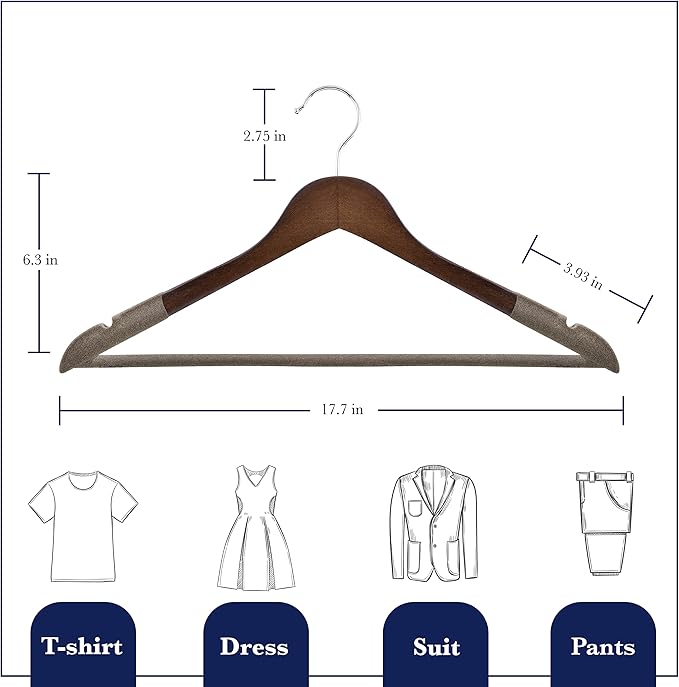 Wooden Hangers - Non Slip Luxury Natural Lotus Wood & Velvet Suit & Pants Hangers - 360 Rotating Hooks - 20 Pack