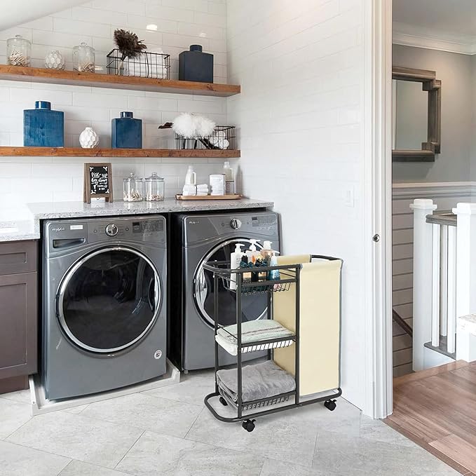 Laundry Sorter Cart Movable Bathroom Organizer Gray Laundry Storage Baskets with Heavy Duty Rolling Wheels 3-Tier Storage Shelves with 1 Bag for Clothes