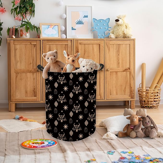 Western Aztec Bull Skull Laundry Basket, Toybox for Boys Girls Room, Western Laundry Basket Hamper Waterproof Collapsible Clothes Toys Storage Bin Organizer for Bedroom Bathroom Kids Room Dorm