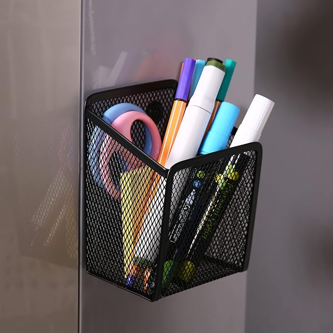Large Magnetic Pen Holder, Magnetic Basket 4 Strong Magnet Pencil Holders Locker Accessories for Refrigerator Whiteboard Black(3.7x2.7x5 In)