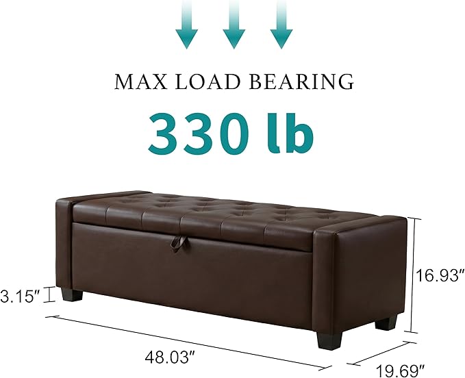 48" Ottoman with Storage, Storage Ottoman Bench with Safety Hinge, Upholstered Entryway Bench with Seating for Bedroom, Living Room, Holds up to 330 lb, Dark Brown