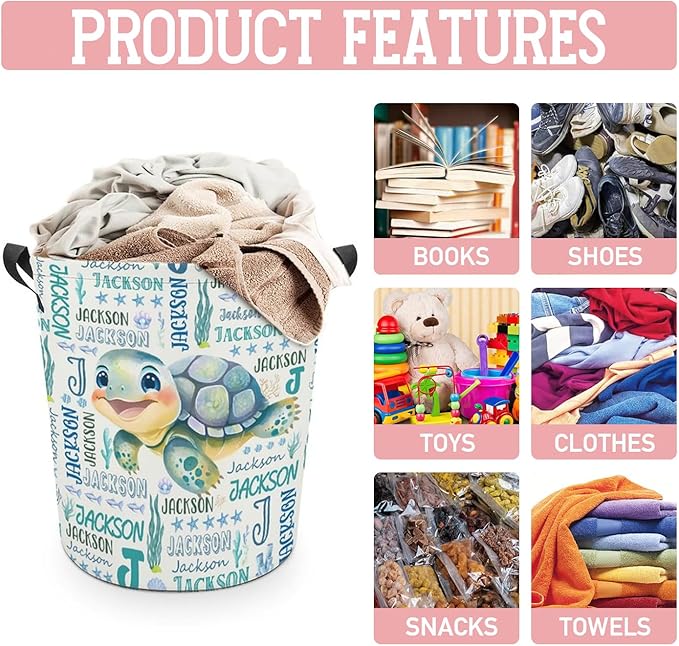 Sea Turtle Laundry Basket,Custom Laundry Hamper with Name,Personalized Sea Turtle Gifts for Boys Girls,Customize Collapsible Laundry Basket for Bedroom Bathroom,S-16.5"x 13.8"
